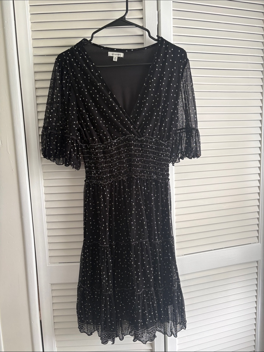 Max Studio Black Polka Dot V-Neck Midi Dress